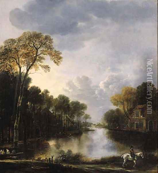 A river landscape at night with a ferry pulled on a rope by a rider in the foreground Oil Painting - Aert van der Neer