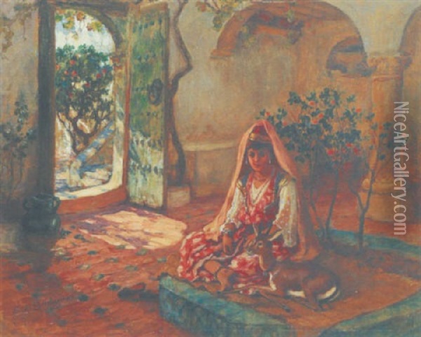 Jeune Femme A La Gazelle Dans Un Patio Oil Painting - Frederick Arthur Bridgman