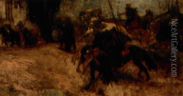 Krigsscene Med Strodsvogn Og Ryttere Oil Painting - Johannes Hendricus Jurres