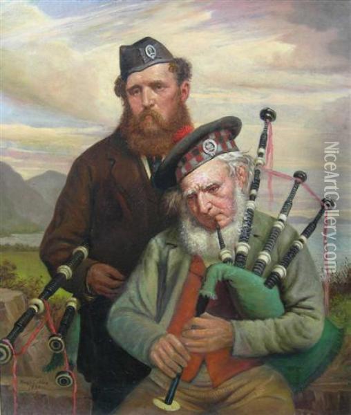 Two Pipers, Possibly Pipe Major William Ross And His Son Oil Painting - Hugh Collins