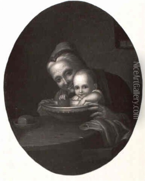 Grandmother And Child Washing Oil Painting - Johann Georg Meyer von Bremen