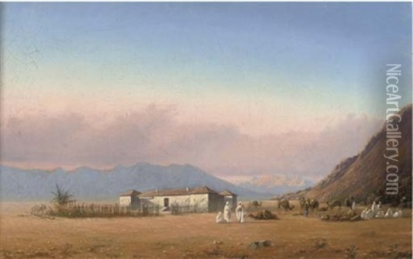 A Camel Train Resting At A Desert Settlement Oil Painting - Jacob Dirk Van Herwerden