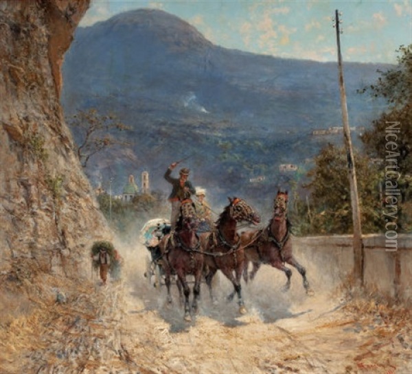 Horses And Travelers Ascending An Italian Mountain Road Oil Painting - Francesco Mancini