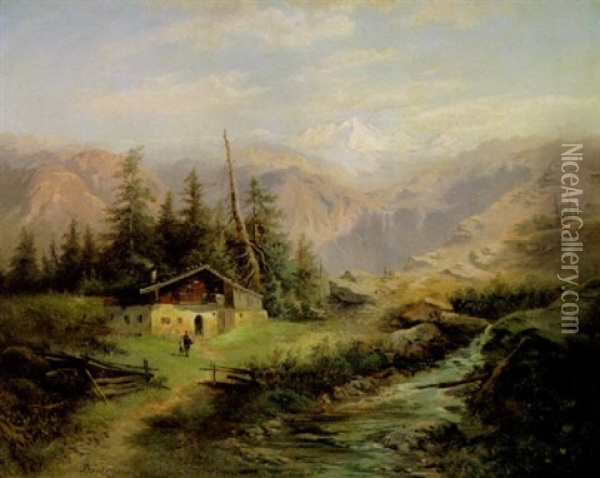 Gebirgslandschaft Mit Gletschermassiv Im Hintergrund Oil Painting - Gustav Barbarini