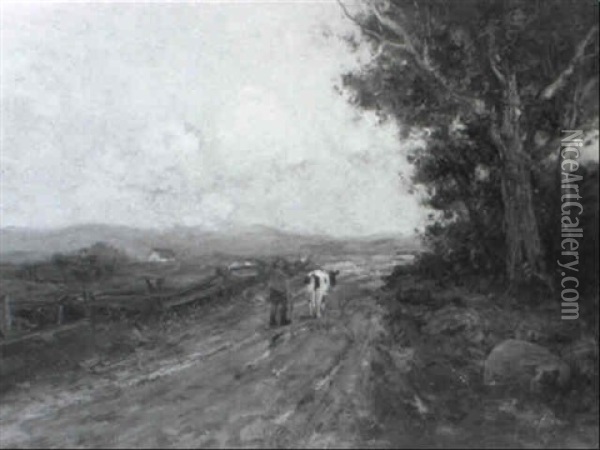 Country Road With Farmer And Cow Oil Painting - Charles Paul Gruppe