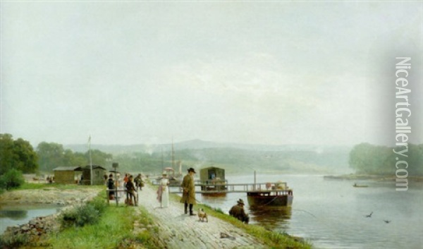 Afternoon Stroll On The Riverbank Oil Painting - Bernhard Muehlig
