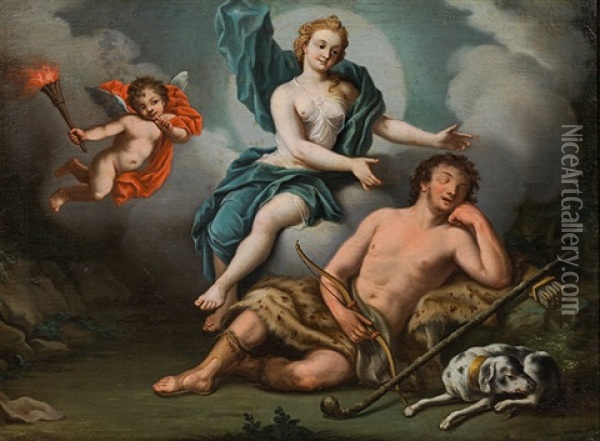 Selene And The Sleeping Endymion (diana And Endymion) Oil Painting - Gennaro Basile