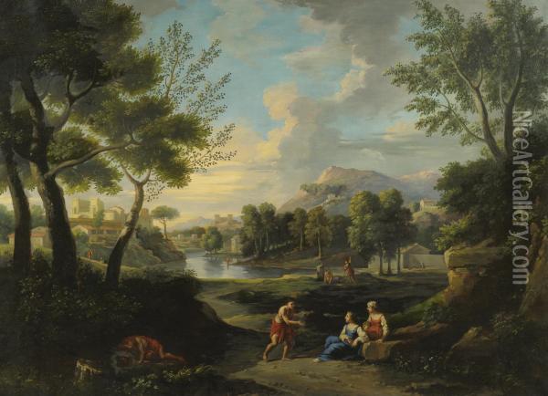 Figures Resting In A Landscape Oil Painting - Claude Lorrain (Gellee)