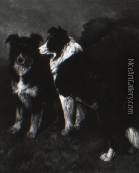 Two Collies In A Highland Landscape Oil Painting - John Emms