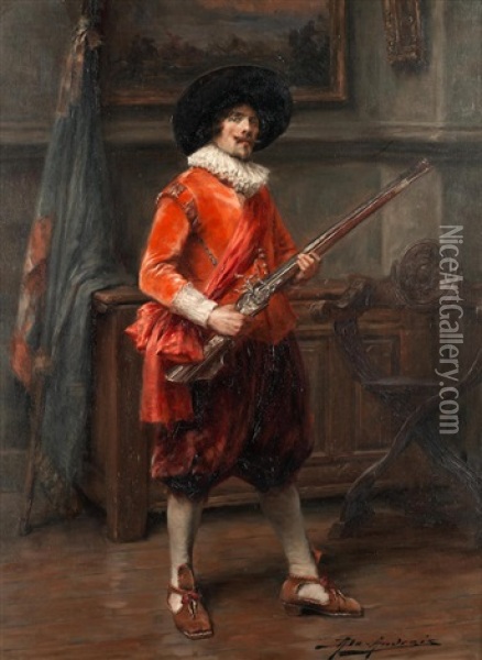 Cavalier Holding A Musket Oil Painting - Alex De Andreis