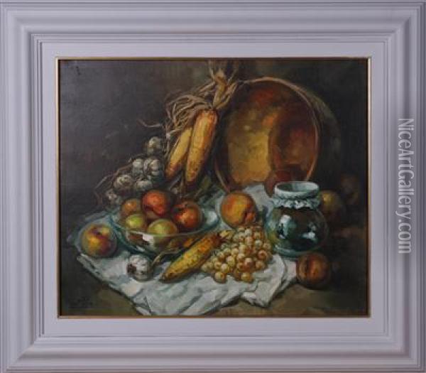 Stillleben Mit Obst Und Maiskolben Oil Painting - Jose De Brugada Vila