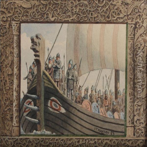 Vikingship With Numerous Warriors Oil Painting - Josef Theodor Hansen
