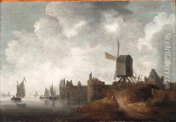 A River Landscape With A Windmill By A Town Oil Painting - Wouter Knijff