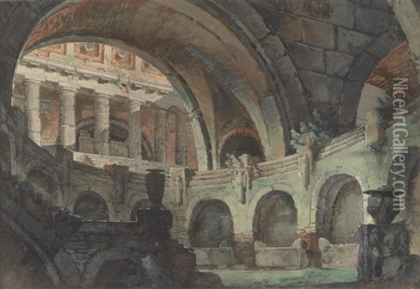 Architekturcapriccio: Antike Interieurs Mit Gewolben, Stiegen Und Saulenformationen (2 Works) Oil Painting - Mauro Braccioli