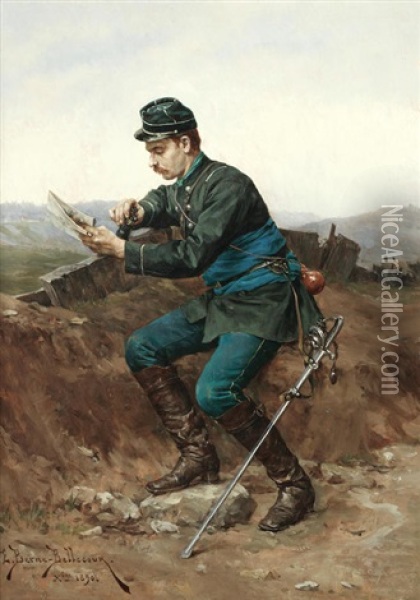 French Soldier Surveying The Countryside Oil Painting - Etienne Prosper Berne-Bellecour