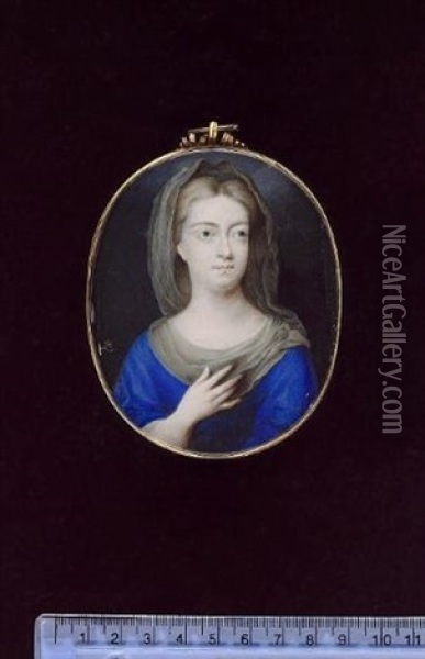 Annabella, Lady Howard (nee Dives), Wearing Blue Dress And Grey Veil Draped Over Her Decollage, Her Right Hand Raised To Her Chest Oil Painting - Peter Cross