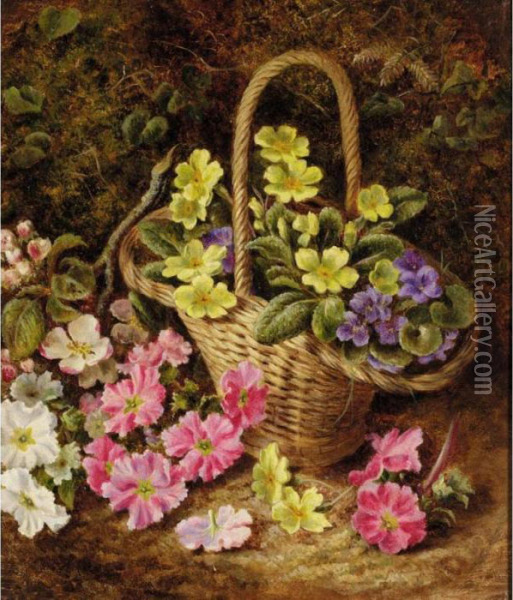 Still Life With Basket And Spring Flowers Oil Painting - Oliver Clare