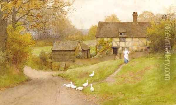 A milkmaid and geese before a cottage in a wooded landscape Oil Painting - Charles Edward Wilson