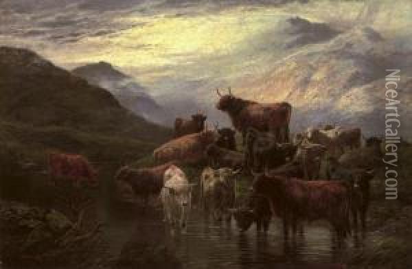 Cattle Watering In A Highland Landscape Oil Painting - Robert Watson