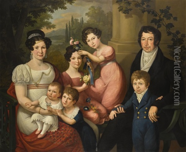 Family Portrait, Believed To Be The Borbone-spagna Family: Maria Isabella (1789-1884) With Her Husband Francis I Of The Two Sicilies (1777-1830), With Their Children, A Landscape Beyond Oil Painting - Giuseppe Cammarano