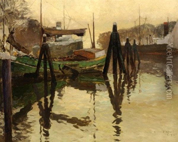 Moored Ships In A Harbour Oil Painting - Armand Adrien Marie Apol