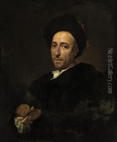 Portrait Of A Gentleman In A Brown Coat And Cap, Holding A Snuffbox Oil Painting - Vittore Giuseppe Ghislandi (Fra' Galgario)