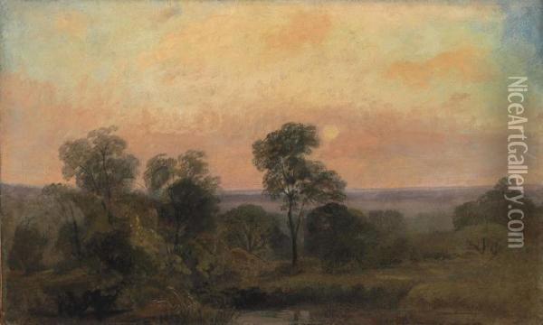 A Wooded Landscape At Dusk Oil On Millboard Oil Painting - Peter de Wint
