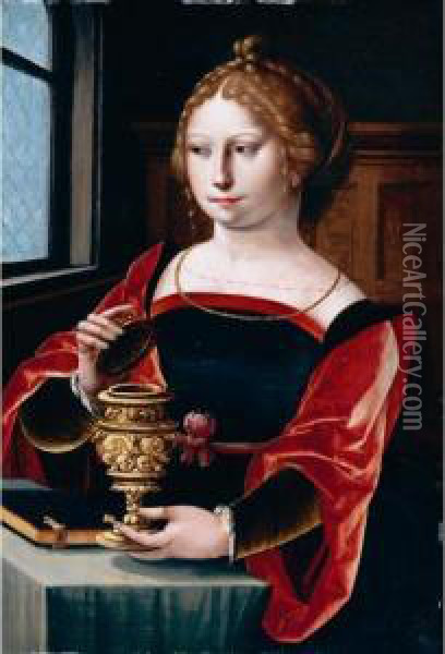 The Magdalene Seated At A Table By A Window, Holding A Gold Encrusted Urn Oil Painting - Italian Unknown Master