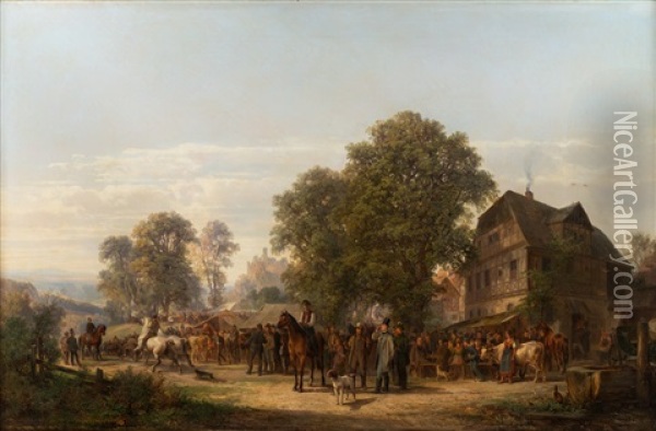 At The Horse Market Oil Painting - Bernhard Muehlig