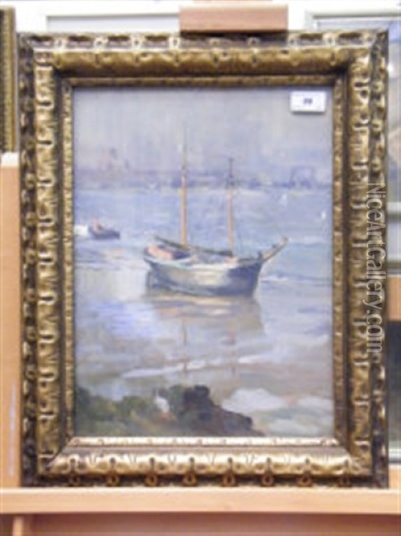 Boat Aground, Liverpool In The Distance Oil Painting - Philip Stuart Paice