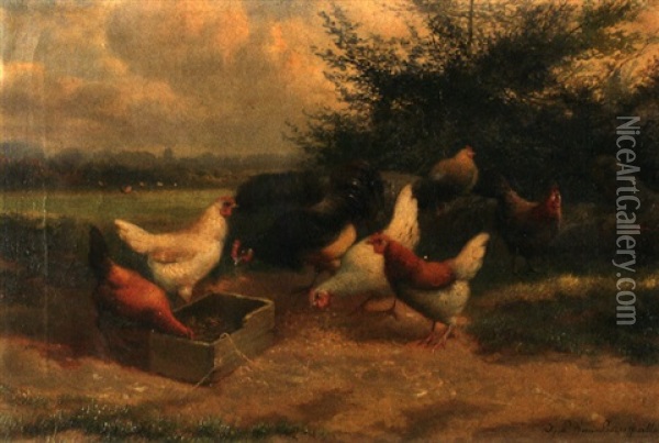 Huhner Am Bachlauf (+ Ganse; Pair) Oil Painting - Jean-Baptiste Leopold van Leemputten