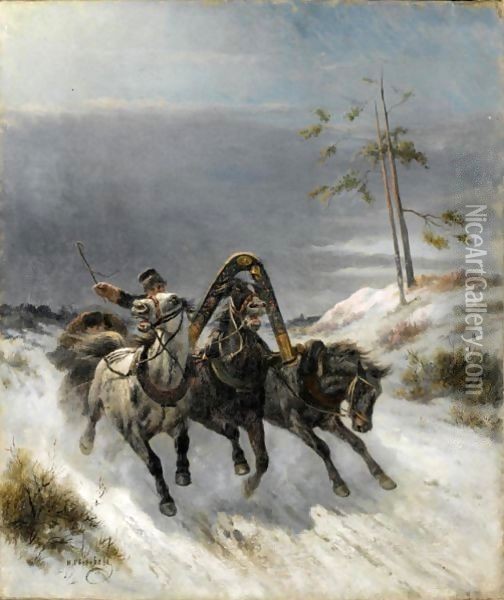 Troika Racing Through The Snow Oil Painting - Nikolai Egorovich Sverchkov