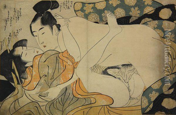 Couple Enlace, La Femme En Kimono Decore De Toiles D'araignee. Oil Painting - Kitagawa Utamaro