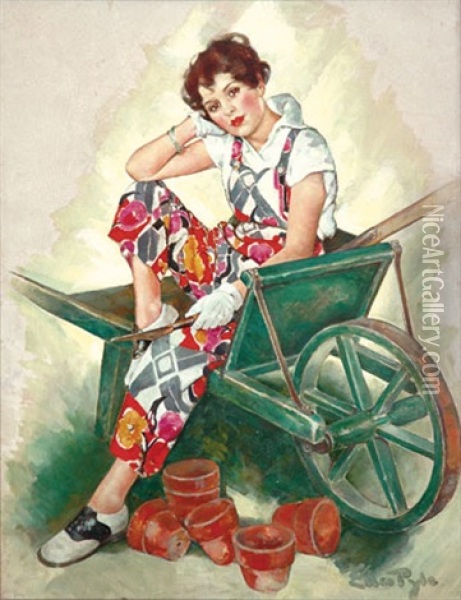 Young Woman Gardener Pausing In Wheelbarrow (magazine Cover Illus. For 6/20/1931 Issue Of Saturday Evening Post) Oil Painting - Ellen Bernard Thompson Pyle
