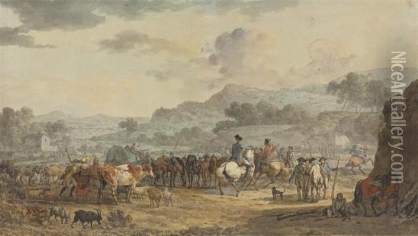 Cavalry In A Valley Rounding Up A Group Of Peasants And Theirlivestock Oil Painting - Joseph Swebach-Desfontaines