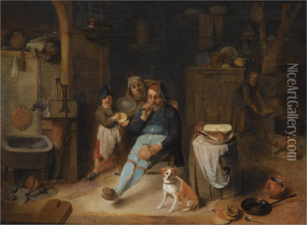 A Barn Interior With A Peasant Seated Holding A Jug, A Young Boyholding A Rumbling-pot, Other Figures, And A Dog Next To Kitchenutensils In The Foreground Oil Painting - Pieter Jacobsz. Duyfhuysen