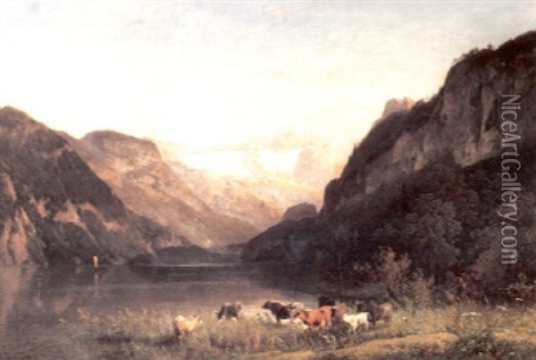 Cattle Beside An Alpine Lake Oil Painting - Hermann Herzog