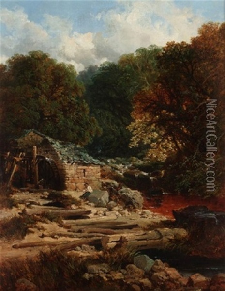 River Landscape With A Fisherman Beside A Watermill Oil Painting - Edmund John Niemann