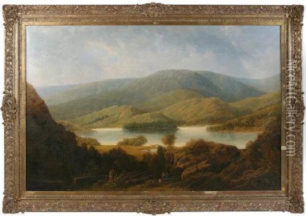 Extensive Mountainous Landscape View Of Lough Lomond With Cattle And Figures In Foreground Oil Painting - George Law Beetholme