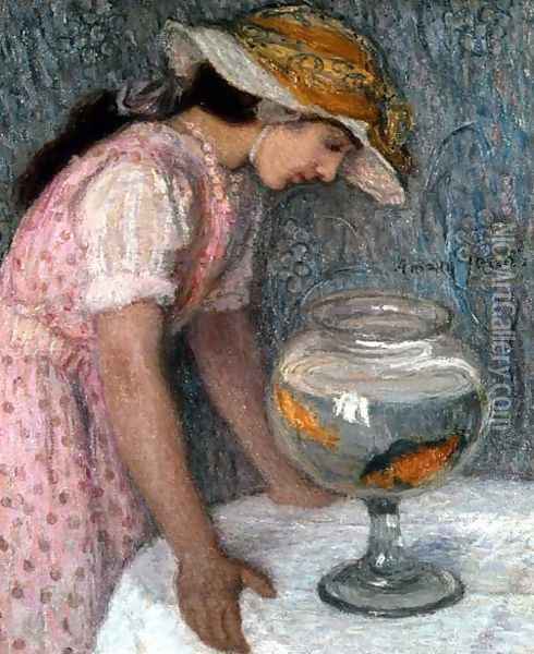Young Girl with a Goldfish Oil Painting - Edmond-Francois Aman-Jean