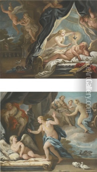 Psyche Discovering The Sleeping Cupid And Venus Chides Cupid (pair) Oil Painting - Joseph Goupy
