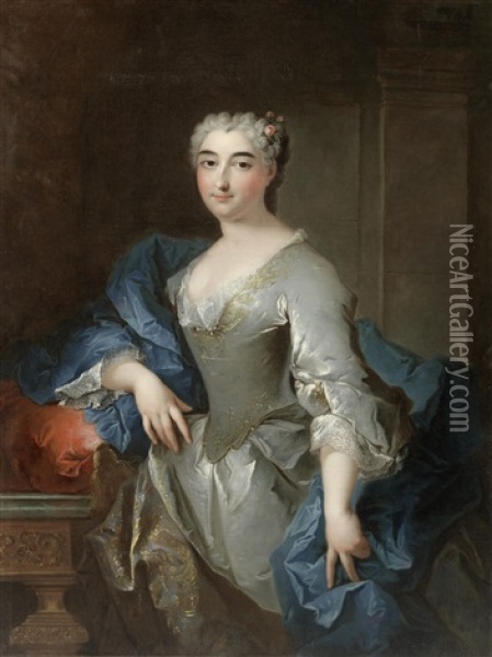 Portrait Of A Lady, Three-quarter-length, In A Blue Silk Dress And A Floral Headdress, Standing Beside A Table Oil Painting - Robert Levrac-Tournieres