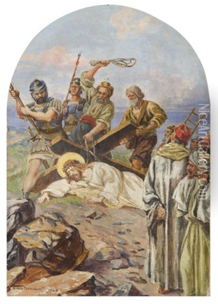 Christ Falling Under The Cross Oil Painting - Leonard Winterowski