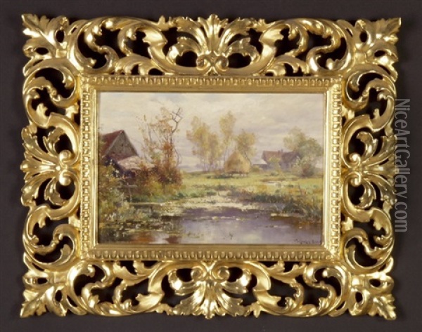 Herbstmorgen Im Spreewald (+ Fruhling Am Canal; Set Of 2) Oil Painting - Jacques Matthias Schenker