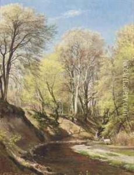 Deer At The Bend Of The River Oil Painting - Carl Frederick Aagaard