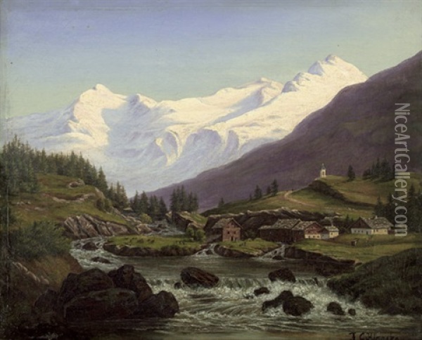 Alpine Landschaft Mit Kleinem Dorf Und Schneebedeckter Bergsilhouette Oil Painting - Frederik Christian Jacobsen Kiaerskou