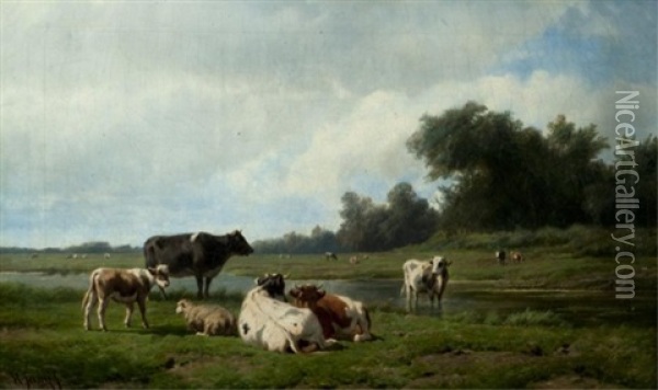 Livestock In A Sunny Pasture Oil Painting - Hendrik Savry