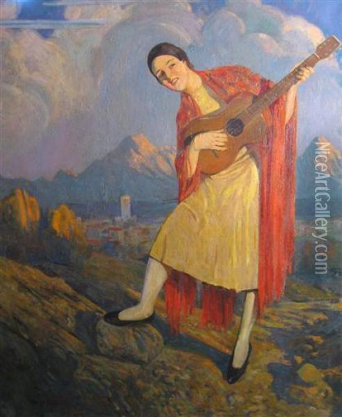Sally With Guitar Oil Painting - George Gibbs