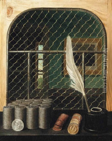 A Trompe L'oeil Bank Interior With Coins And Inkwell Oil Painting - Gabriel-Germain Joncherie