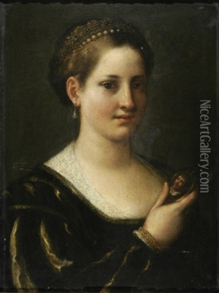 Bildnis Einer Jungen Dame, Eine Miniatur In Handen Haltend Oil Painting - Giulio Campi